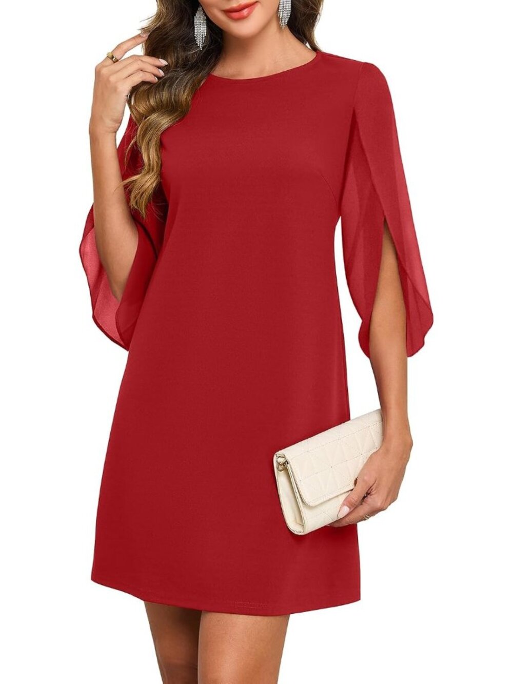 Women's Red 2026 Flutter Sleeve Crewneck Cocktail Wedding Guest Short Dresses